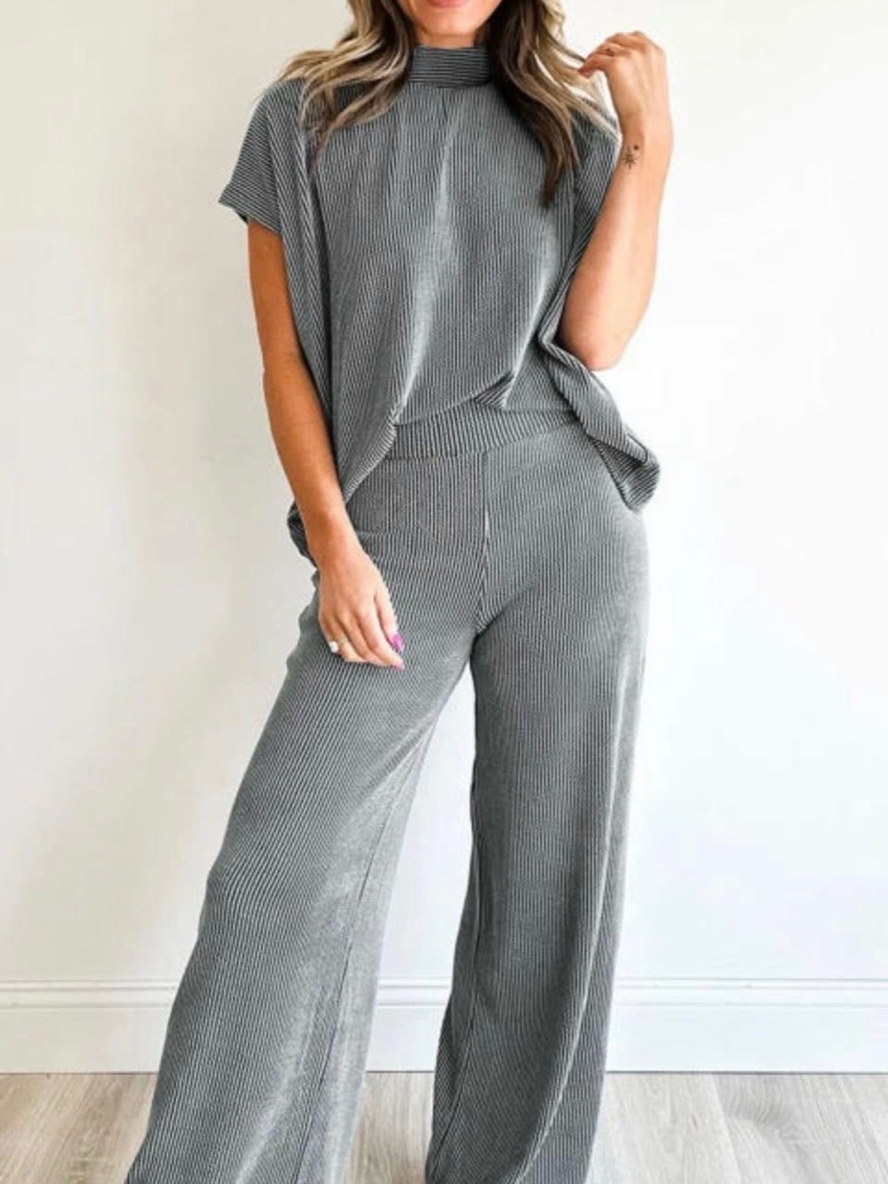 Zenana Outfitters Light grayish blue Ribbed womens Set
